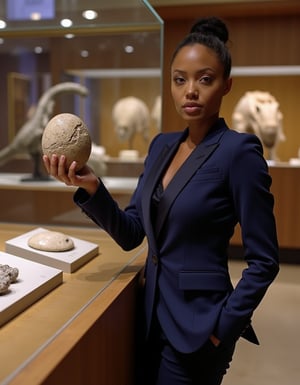 Ebony l4r4cr0ft, exudes professionalism in a sharp navy blue Gucci business suit, standing confidently beside an open glass display case at the Natural History Museum. Her gaze meets the viewer's as she holds a massive fossilized dinosaur egg specimen, her expression a perfect blend of curiosity and fascination. The soft museum lighting casts a warm glow on the surrounding exhibits.