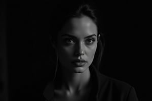 Black and white portrait of Angelina Jolie, dark background, shadow play, soft lighting, cinematic style