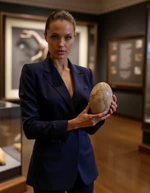 l4r4cr0ft, wears an impeccable navy blue Gucci business suit. She stands before a open glass display case at the Natural History Museum, holding a ancient large fosilized dinosaur egg specimen in her hand while looking at the viewer. 