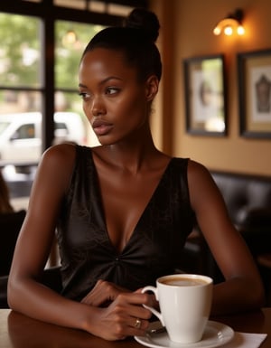 l4r4cr0ft, Elegant ebony woman, adorned in a luxurious Gucci dress, sits confidently at a cozy cafe. The warm sunlight filters through the windows, casting a flattering glow on her dark skin and striking features. Her pose exudes poise and sophistication, as if savoring a rich cup of coffee.