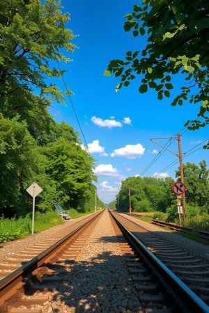 Ultra-clear photography documentary style,Ultra-clear realistic photography style,The scene shows train tracks flanked by lush trees on both sides, bathed in bright sunlight. The blue sky, with a few scattered white clouds, adds a vibrant and clear atmosphere to the image. The green trees and bright lighting enhance the fresh and lively feel of the surroundings. The railway area is filled with natural vitality, and the clear daylight scene exudes warmth and tranquility.