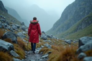 a female hiker in a large long red raincoat is walking through a wide alpine valley covered in boulders in Swedish mountains, it's raining heavily and she is pushing against the rain and strong winds, you can barely see her behind the rain