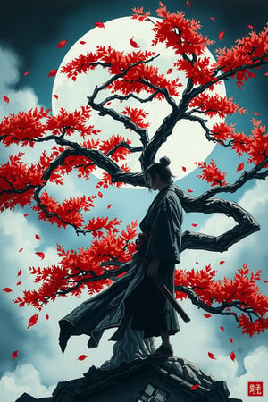 Watercolor style, watercolor, wet on wet, paintstreaks, watercolor painting, \nA A stunning Japanese-inspired fantasy painting of a lone samurai, silhouetted against a massive full moon, standing beneath a windswept, crimson-leafed tree. Falling petals swirl around him, creating a melancholic yet serene atmosphere. The dramatic chiaroscuro lighting highlights the dramatic contrast between the cool-toned background of deep blues and grays and the warm reds of the foliage. The detailed rendering of the samurai's clothing and the tree's branches, along with the textured brushstrokes, windswept effect on the leaves and the samurai's robe, evoke a sense of depth and isolation. This captivating scene is reminiscent of Yoshitaka Amano's work, with the dramatic lighting of Ivan Shishkin. The painting has a cinematic quality, making it perfect