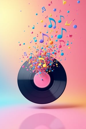 A minimalist artwork featuring a large vinyl record that disintegrates into a cascade of colorful music notes. The background is a gradient blend of pinks, blues, and yellows, with the notes appearing to float into the air. Smooth, clean design with a modern touch. Created Using: vibrant color palette, gradient backgrounds, minimalist design, dynamic composition, smooth transitions, digital rendering, high-definition finish, photorealism