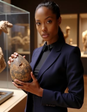 Ebony l4r4cr0ft, exudes professionalism in a sharp navy blue Gucci business suit, standing confidently beside an open glass display case at the Natural History Museum. Her gaze meets the viewer's as she holds a massive fossilized dinosaur egg specimen, her expression a perfect blend of curiosity and fascination. The soft museum lighting casts a warm glow on the surrounding exhibits.