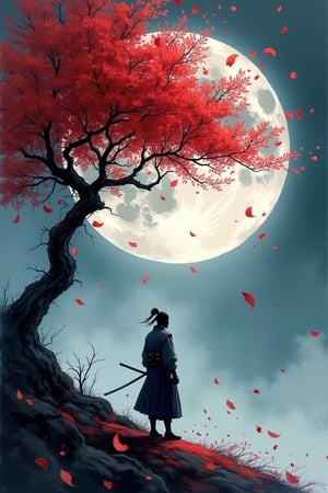 Watercolor style, watercolor, wet on wet, paintstreaks, watercolor painting, \nA A stunning Japanese-inspired fantasy painting of a lone samurai, silhouetted against a massive full moon, standing beneath a windswept, crimson-leafed tree. Falling petals swirl around him, creating a melancholic yet serene atmosphere. The dramatic chiaroscuro lighting highlights the dramatic contrast between the cool-toned background of deep blues and grays and the warm reds of the foliage. The detailed rendering of the samurai's clothing and the tree's branches, along with the textured brushstrokes, windswept effect on the leaves and the samurai's robe, evoke a sense of depth and isolation. This captivating scene is reminiscent of Yoshitaka Amano's work, with the dramatic lighting of Ivan Shishkin. The painting has a cinematic quality, making it perfect