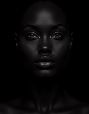 l4r4cr0ft, A majestic portrait of Ebony, set against a dark background, with l4r4cr0ft's intricate details woven throughout her features. Her smooth ebony skin is rendered in high definition, showcasing the subtle contours and crevices of her face. The lighting is dim, emphasizing the depth of her eyes and the delicate curves of her lips.