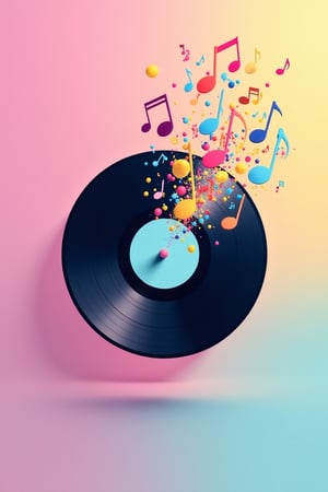 A minimalist artwork featuring a large vinyl record that disintegrates into a cascade of colorful music notes. The background is a gradient blend of pinks, blues, and yellows, with the notes appearing to float into the air. Smooth, clean design with a modern touch. Created Using: vibrant color palette, gradient backgrounds, minimalist design, dynamic composition, smooth transitions, digital rendering, high-definition finish, photorealism