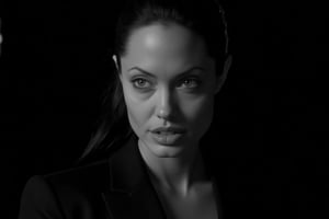 Black and white portrait of Angelina Jolie, dark background, shadow play, soft lighting, cinematic style