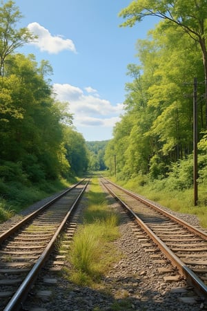 Ultra-clear photography documentary style,Ultra-clear realistic photography style,The scene shows train tracks flanked by lush trees on both sides, bathed in bright sunlight. The blue sky, with a few scattered white clouds, adds a vibrant and clear atmosphere to the image. The green trees and bright lighting enhance the fresh and lively feel of the surroundings. The railway area is filled with natural vitality, and the clear daylight scene exudes warmth and tranquility.