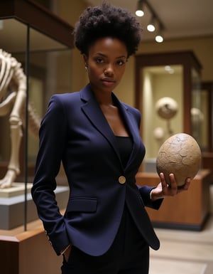 Ebony, l4r4cr0ft, wears an impeccable navy blue Gucci business suit. She stands before a open glass display case at the Natural History Museum, holding a ancient large fosilized dinosaur egg specimen in her hand while looking at the viewer. 