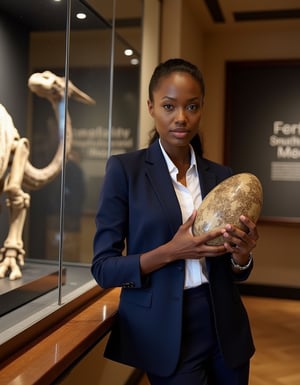 Ebony l4r4cr0ft, exudes professionalism in a sharp navy blue Gucci business suit, standing confidently beside an open glass display case at the Natural History Museum. Her gaze meets the viewer's as she holds a massive fossilized dinosaur egg specimen, her expression a perfect blend of curiosity and fascination. The soft museum lighting casts a warm glow on the surrounding exhibits.