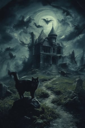 A hauntingly vintage scene unfolds on a hilltop, where a decrepit mansion stands sentinel beneath a canopy of fluttering bats and ravens. The full moon casts an eerie glow from behind the creaking roof, as dark shapes lurk in the shadows like sentinels. Weathered gravestones scatter the overgrown field, while a black cat perches like a guardian at the pathway's edge. The atmosphere is heavy with DarkAura and an otherworldly energy, illuminated by dancing light particles that seem to pulse with the rhythm of the macabre.