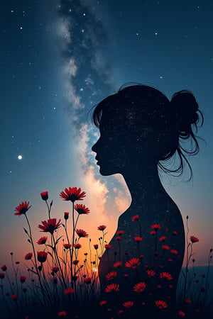 high quality, 8k ultra-high definition, beautiful double exposure, silhouettes of the night sky combined with flowers, details melt into the night sky, clear lines, background monochrome, sharp focus, double exposure, great full color, portrait, little flower, traditional color ink painting style, moody, daria petrelli