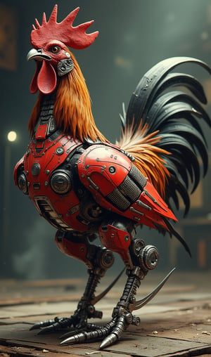 modern technology era focus on a chicken robot that is crowing in the morning the chicken is made to replace the rooster for fighting purposes red and chicken spurs on the leg is very sharp, the construction is made of stainless steel, resistant to breaking and bending, on the wing on one side there is a sentence "fearless" written beautifully.,pirateskullXthejaa