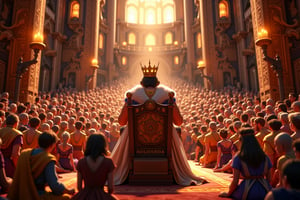 Style: Disney cartoon style, 8k, realistic lighting and shadows, vibrant colors, cinematic background, Pixar-like rendering style.
The newly anointed king of Israel is sitting on a grand, ornate throne, viewed from behind. His tall, muscular frame is draped in royal robes of deep blue and gold, adorned with jewels and golden trims. The white fur cloak from before hangs over his broad shoulders, and a large golden, jewel-encrusted crown rests on his head, gleaming in the divine light from above. His posture is regal, and the back of the throne is intricately carved with symbols of royalty and power.

In front of the king, a vast crowd of elders, priests, and members of the royal court are kneeling in deep submission. The sheer number of people stretches across the temple floor, their heads bowed low and their hands extended towards the king in reverence. Their faces are filled with awe and devotion, highlighting their complete submission to the king’s divine authority. The scene is grand, with a powerful contrast between the king’s towering figure and the humbled, kneeling masses.

The temple’s majestic walls and towering pillars, adorned with intricate carvings and Hebrew inscriptions, create a sense of grandeur and holiness. Soft light from candles and sunlight streaming through high windows adds to the sacred atmosphere, casting a warm glow over the kneeling figures and emphasizing the king’s divine presence.