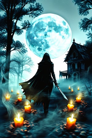 full moon, night, fog, trees, halloween pumpkins, scattered candles, haunted house in the background, woman with cape, hood, pale, black gloves, silver sword