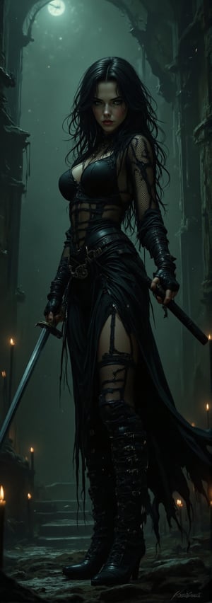 detailed illustration, illustration by Serpieri,score_9, score_7_up, (source_anime, Amazingly beautiful and curvy female Goth, black fishnet samurai, random flirty expression, wielding a katana, void of unknown origin, dark and misty background, mysterious fog, glowing lights surrounding the area