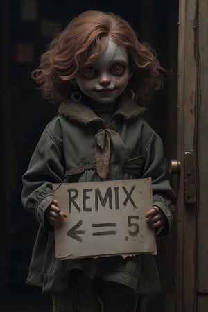 1girl, looking at viewer, haunted doll smiling and stand in front of door, holding text 'REMIX ->' with arrow sign doodle,