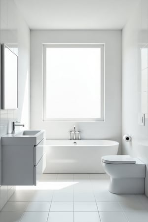 A minimalist-style bathroom interior, featuring a white color scheme with clean lines and simple shapes. The scene is framed to show a spacious, uncluttered space with a large, white bathtub centered under a wide window, allowing natural light to illuminate the room. The composition includes a sleek, white vanity with a single sink and a small, rectangular mirror above it, paired with a white toilet in the corner. The walls and floor are finished in smooth, white tiles, creating a cohesive and serene atmosphere.