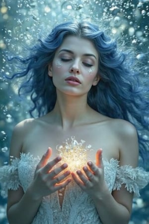 A serene and ethereal female figure with flowing blue hair that merges with the surrounding environment. She has closed her eyes and holds a delicate glowing object near her heart. The background is filled with bubbles, some of which are translucent and others shiny, giving an impression of underwater depth. The color palette is dominated by soft blues, whites, and hints of gold, creating a dreamy and magical atmosphere.burlesque,shabby chic,,fine art,epic,Boho gypsy, marquise,duchesse,dark fantasy,