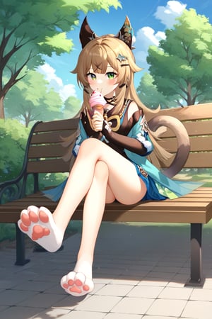 Highly detailed, High Quality, Masterpiece, beautiful, kirara /(genshin impact/),Highly detailed cat legs (((nekopata))), full body, facing viewer, calico_cat double tail, park, day, casual clothing, score_9, score_8_up, score_7_up, source_anime, sitting on park bench, paws extended towards user , legs spreg,tiny white pantis expose see user.eating ice cream