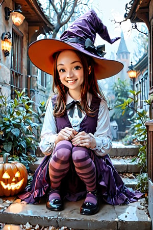 score_9, score_8_up, score_7_up, source_anime, takagi san , rating_safe, smiling girl in a Halloween dress and a witch hat  sitting on the wooden stairs with jack-o-lanterns around it, hat with pumpkin mascots, cute dress, puffy long sleeves, yellow and purple striped tights, jack-o'-lantern, halloween, candy, sitting, pumpkin, moon, pantyhose, outdoors, night, sfw,