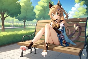 Highly detailed, High Quality, Masterpiece, beautiful, kirara /(genshin impact/),cat legs (((nekopata))), full body, facing viewer, calico_cat double tail, park, day, casual clothing, score_9, score_8_up, score_7_up, source_anime, sitting on park bench, paws extended towards user , legs unpreg, see user