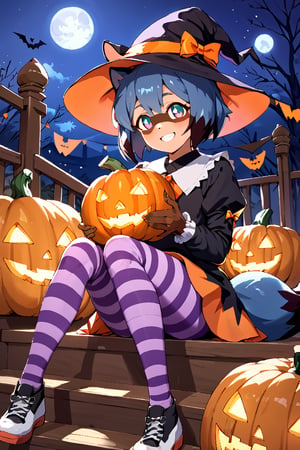 score_9, score_8_up, score_7_up, source_anime, michiru , rating_safe, smiling girl in a Halloween dress and a witch hat  sitting on the wooden stairs with jack-o-lanterns around it, hat with pumpkin mascots, cute dress, puffy long sleeves, yellow and purple striped tights, jack-o'-lantern, halloween, candy, sitting, pumpkin, moon, pantyhose, outdoors, night, sfw,