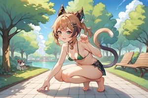 kirara /(genshin impact/),eager pet pose, high_resolution, :D, full body, facing_viewer, calico_cat tail, park, day, green micro_bikini ,score_9, score_8_up, score_7_up, source_anime,pet pose,spreg legs,view user