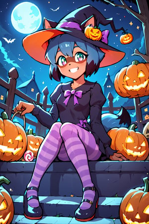 score_9, score_8_up, score_7_up, source_anime, michiru , rating_safe, smiling girl in a Halloween dress and a witch hat  sitting on the wooden stairs with jack-o-lanterns around it, hat with pumpkin mascots, cute dress, puffy long sleeves, yellow and purple striped tights, jack-o'-lantern, halloween, candy, sitting, pumpkin, moon, pantyhose, outdoors, night, sfw,