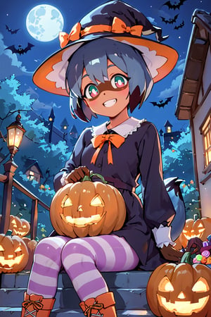 score_9, score_8_up, score_7_up, source_anime, michiru , rating_safe, smiling girl in a Halloween dress and a witch hat  sitting on the wooden stairs with jack-o-lanterns around it, hat with pumpkin mascots, cute dress, puffy long sleeves, yellow and purple striped tights, jack-o'-lantern, halloween, candy, sitting, pumpkin, moon, pantyhose, outdoors, night, sfw,