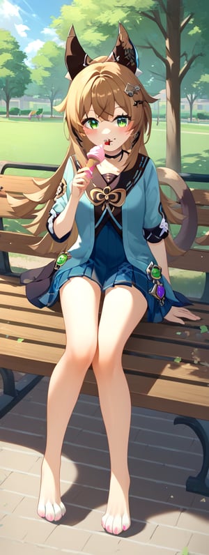 Highly detailed, High Quality, Masterpiece, beautiful, kirara /(genshin impact/),Highly detailed cat legs (((nekopata))), full body, facing viewer, calico_cat double tail, park, day, casual clothing, score_9, score_8_up, score_7_up, source_anime, sitting on park bench, paws extended towards user , legs spreg,tiny white pantis expose see user.eating ice cream