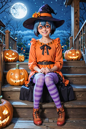 score_9, score_8_up, score_7_up, source_anime, michiru , rating_safe, smiling girl in a Halloween dress and a witch hat  sitting on the wooden stairs with jack-o-lanterns around it, hat with pumpkin mascots, cute dress, puffy long sleeves, yellow and purple striped tights, jack-o'-lantern, halloween, candy, sitting, pumpkin, moon, pantyhose, outdoors, night, sfw,