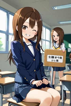 mischiveous smile, Takagi San,  long hair, brown hair , aatakagi , provocative look, winking, lifting her skirt, pubic hair, sign of silence with the other hand, classroom,sitting pretending in class