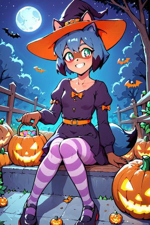 score_9, score_8_up, score_7_up, source_anime, michiru , rating_safe, smiling girl in a Halloween dress and a witch hat  sitting on the wooden stairs with jack-o-lanterns around it, hat with pumpkin mascots, cute dress, puffy long sleeves, yellow and purple striped tights, jack-o'-lantern, halloween, candy, sitting, pumpkin, moon, pantyhose, outdoors, night, sfw,