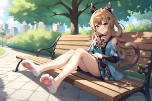 Highly detailed, High Quality, Masterpiece, beautiful, kirara /(genshin impact/),cat legs (((nekopata))), full body, facing viewer, calico_cat double tail, park, day, casual clothing, score_9, score_8_up, score_7_up, source_anime, sitting on park bench, paws extended towards user , legs unpreg, see user