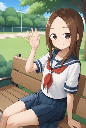 1girl, source_anime, aatakagi, solo, long hair, brown hair, parted bangs, collarbone, serafuku, sailor collar, red neckerchief, white shirt, short sleeves, blue skirt, sitting, waving, smile, bench, outdoors, park,  lifts her skirt, legs open, revealing pants

