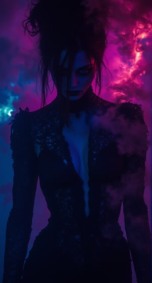 In a cinematic masterpiece, a phantasmagorical woman's silhouette emerges against a striking backdrop of black smoke layers on white, bathed in vibrant neon hues that cast an eerie glow. Framing: Medium shot, with the woman's face centered and the smoke layers framing her from above. Lighting: Neon hues illuminate her features, while the black smoke adds depth and mystery. Composition: The woman's portrait dominates the frame, with subtle details like wisps of smoke curling around her hair or shoulders. Pose/Action: The woman's gaze is cast downward, as if lost in thought or contemplating a dark secret. Location: A dimly lit, industrial setting, perhaps an abandoned factory or warehouse. Subject: Phantasmagorical woman, with intricate details and anime-inspired features that seem to leap from the screen, radiating sadness and menace.