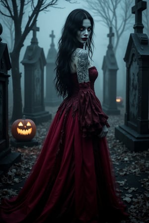 A hauntingly beautiful vampire woman stands in the center of a foggy cemetery, surrounded by intricately carved tombstones and eerie, glowing jack-o'-lanterns. She wears a flowing, dark red gown with intricate lace details, her pale skin contrasting sharply with the vibrant fabric. Her eyes are piercing and red, with sharp fangs visible. The scene is illuminated by the soft, eerie glow of the pumpkins, casting long shadows and creating a spooky yet mesmerizing atmosphere. The composition is wide, capturing the entire cemetery and the vampire's commanding presence amidst the macabre decor.