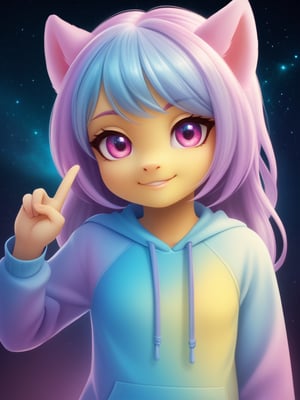 extreme detail, dynamic lighting, realistic, surreal, complex, 8k wallpaper, ultra 8k, stunning quality, defined features,
cute and adorable, detailed face, detailed eyes,
cute,

(Solo), female, ((anthro, pony)), long hair, Lemon Heart_(mlp), Moderate cerulean blue hair, light cerulean blue hair highlight, Light brilliant yellow skin, Moderate raspberry pink eyes,
(baggy sweatshirt), tiny tongue, (wink), peace sign, shortstack,

nighttime, stars, galaxy, fluffy clouds,

view from below, looking at viewer, head tilt,
((headshot, closeup on face):1.2),