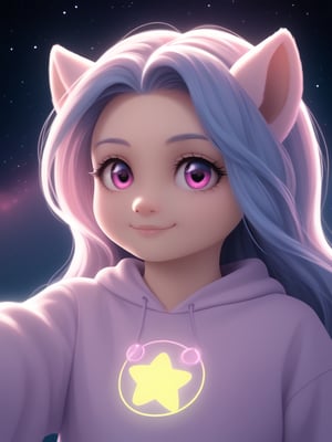 extreme detail, dynamic lighting, realistic, surreal, complex, 8k wallpaper, ultra 8k, stunning quality, defined features,
cute and adorable, detailed face, detailed eyes,
cute,

(Solo), female, ((anthro, pony)), long hair, Lemon Heart_(mlp), Moderate cerulean blue hair, light cerulean blue hair highlight, Light brilliant yellow skin, Moderate raspberry pink eyes,
(baggy sweatshirt), tiny tongue, (wink), peace sign, shortstack,

nighttime, stars, galaxy, fluffy clouds,

view from below, looking at viewer, head tilt,
((headshot, closeup on face):1.2),