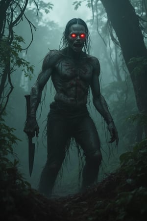 Create an ultra-realistic, terrifying zombie emerging from a dense, foggy rainforest at dusk. The zombie should have decaying, torn flesh with visible bones and sinew, glowing red eyes, and sharp, jagged teeth. Its clothes are tattered and soaked with mud and blood. Surrounding the zombie, the rainforest is filled with twisted, gnarled trees and creeping vines, with a faint, eerie glow filtering through the mist. The atmosphere should be dark and foreboding, with dramatic lighting casting long shadows and highlighting the grotesque details of the zombie. Incorporate traditional Malay elements, such as a kris (traditional dagger) clutched in the zombie’s hand and batik patterns subtly visible on its tattered clothing. The overall scene should evoke a sense of dread and horror, blending cultural elements with a nightmarish, surreal twist.”,Glowing,Strength