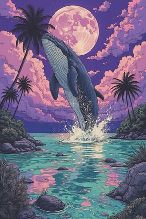 A whimsical scene in Yuko Shimizu's art style, Create high quality an image  a large whale is jumping from the sea, and water splash other way with such dramatic way, depicts a serene tropical landscape. The sky is painted with vibrant shades of purple, creating a warm and inviting atmosphere. This green hue is beautifully reflected in the calm body of water below, enhancing the tranquil feel of the scene. In the foreground. The purple sky is adorned with clouds and a large moon, adding depth and interest to the composition. The contrast between the bright sky and the darker silhouettes of the landscape elements creates a striking visual effect, the image evokes a sense of peace and tranquility, making it a perfect representation of a tropical paradise.