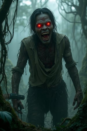 Create an ultra-realistic, terrifying zombie emerging from a dense, foggy rainforest at dusk. The zombie should have decaying, torn flesh with visible bones and sinew, glowing red eyes, and sharp, jagged teeth. Its clothes are tattered and soaked with mud and blood. Surrounding the zombie, the rainforest is filled with twisted, gnarled trees and creeping vines, with a faint, eerie glow filtering through the mist. The atmosphere should be dark and foreboding, with dramatic lighting casting long shadows and highlighting the grotesque details of the zombie. Incorporate traditional Malay elements, such as a kris (traditional dagger) clutched in the zombie’s hand and batik patterns subtly visible on its tattered clothing. The overall scene should evoke a sense of dread and horror, blending cultural elements with a nightmarish, surreal twist.”,Glowing,Strength