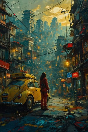 a futuristic city at dawn or dusk. The cityscape is densely packed with tall buildings, adorned with numerous cables and pipes, and features East Asian architectural influences. The atmosphere is hazy, with a color palette dominated by shades of blue and yellow. In the foreground, a beautiful shape body woman in a red spacesuit stands next to a yellow Volkswagen beetle marked with the number “83.” The scene should blend science fiction elements with realistic details, capturing an immersive and thought-provoking environment. Use vibrant colors, intricate details, and cinematic composition to enhance the sense of realism and depth,TunArt5,Impasto Nature