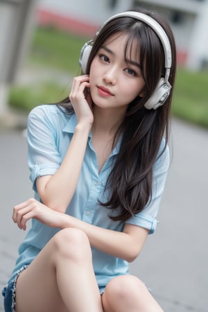 young woman with long, straight black hair is sitting outdoors, wearing white over-ear headphones. She is dressed in a light blue blouse and a short dark blue skirt. Her pose is thoughtful, with her hands resting under her chin, and she gazes off to the side. The background is blurred, showing some greenery and buildings, giving the scene a peaceful, calm vibe.