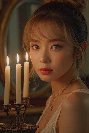 (Best quality:1.1), A vintage interior is softly lit at night, and a Thai woman beautiful  poses in front of antique furniture with an ornate mirror. Her blonde hair is tied loosely into a bun, framing her porcelain doll face without makeup. In a highly detailed depiction, she raises her arm and holds a vintage cast-iron three-candle holder in her hand, the flickering flames of the mostly melted candles casting a warm glow on her pale skin. Her blue eyes sparkle like diamonds as they reflect the light, exuding curiosity and anticipation. Her soft bangs cover one eye, cascading down her cheek, creating an alluring atmosphere.