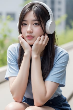 young woman with long, straight black hair is sitting outdoors, wearing white over-ear headphones. She is dressed in a light blue blouse and a short dark blue skirt. Her pose is thoughtful, with her hands resting under her chin, and she gazes off to the side. The background is blurred, showing some greenery and buildings, giving the scene a peaceful, calm vibe.