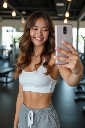  A Beautiful thai girl selfie herself in gym by apple iphone, wavy brown hair, big smile expression, soak sweating, wearing white sport bra and grey yoga shorts, white sport shoes, medium breasts, modeling pose